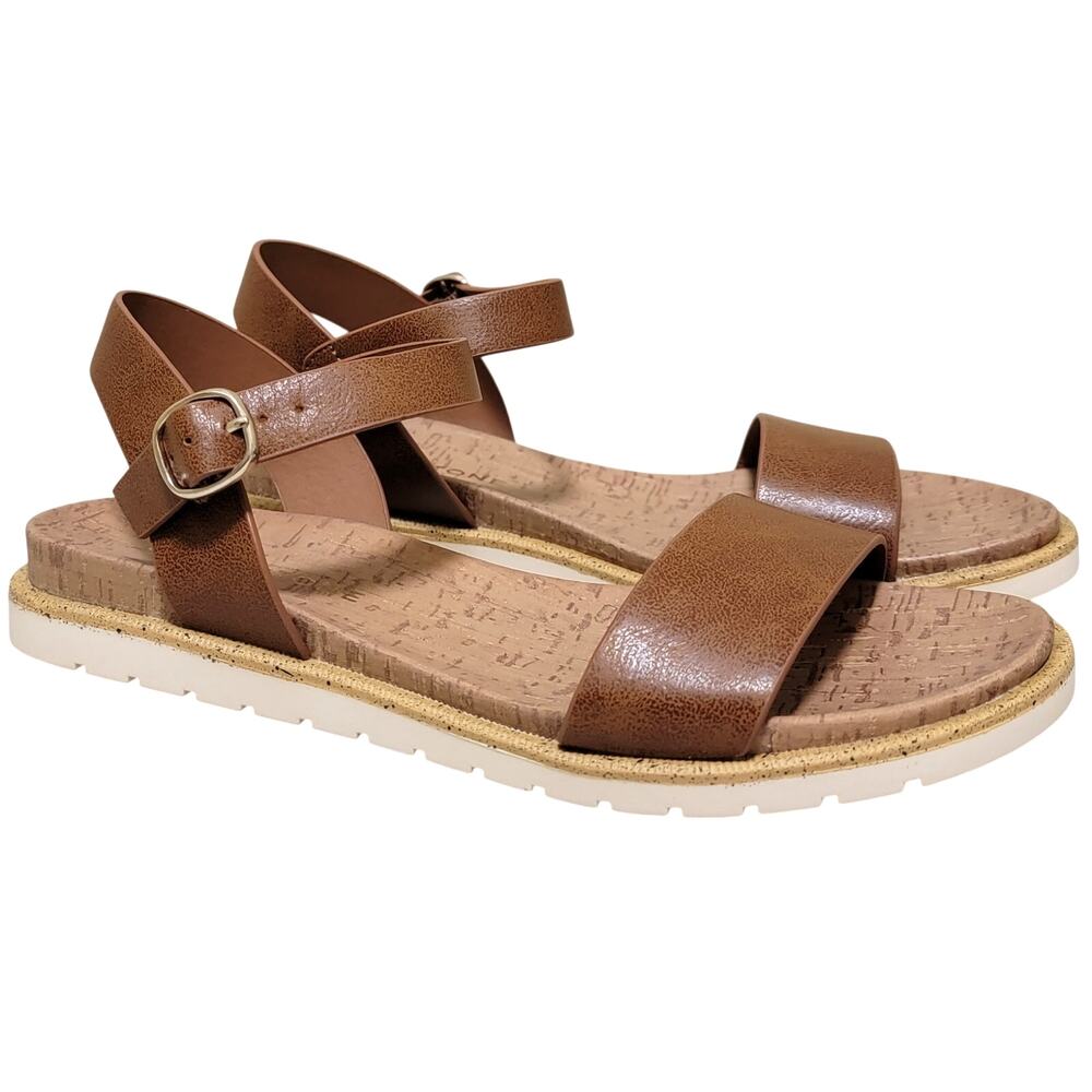 Sun + Stone Women Mattie Flat Ankle Strap Sandals Size US 6M Cognac Faux Leather